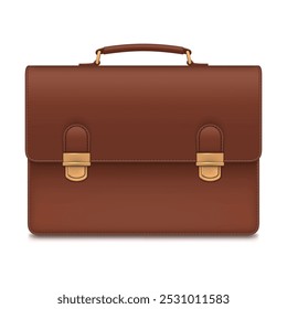 Brown business briefcase with handle and golden metallic zipper realistic vector illustration. Diplomat portfolio bag accessory for paper document carrying manager businessman leather case