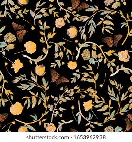 Brown butterfly framed by graceful floral branches seamless pattern. Vector illustration with orange roses, lilies, lotuses, petals and leaves on a black background.