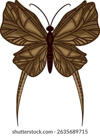 Borboleta marrom com dois picos longos nas asas. Fantasia paleorreconstrucção para o período Triássico