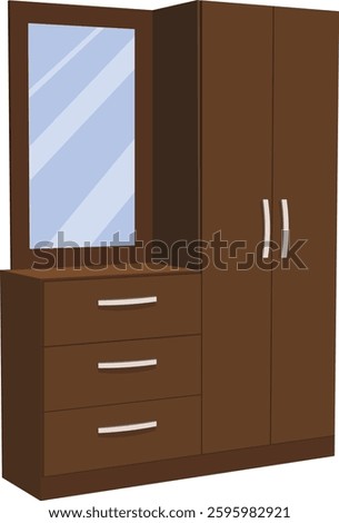 A brown cabinet with a mirror on top of it. The cabinet has three drawers and a mirror on top.brown woodent cupboard isolated on white background.Modern Wooden Wardrobe with Mirror