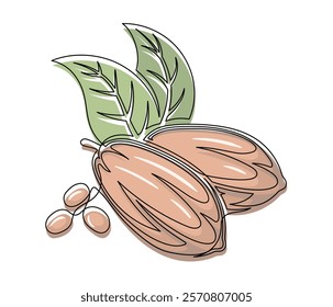 Brown cacao beans branch with green leaves line isolated on white background. Simple silhouette of vegetable. Hand drawn cacao beans branch outline. Vector illustration