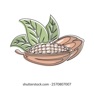 Brown cacao beans branch with green leaves line isolated on white background. Simple silhouette of vegetable. Hand drawn cacao beans branch outline. Vector illustration