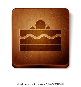 Brown Cake icon isolated on white background. Happy Birthday. Wooden square button. Vector Illustration