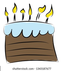 Torta marrón con hielo azul claro y velas encendidas ilustraciones vectoriales sobre fondo blanco 