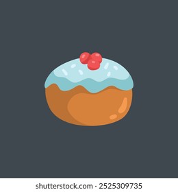 Pastel marrón con crema de vainilla y fruta de baya en diseño de Vector plano.