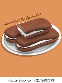 Brown cakes filled with cream which is named the devil dog cake served on white plate, National Devil Dog Day April 27