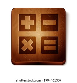 Brown Calculator icon isolated on white background. Accounting symbol. Business calculations mathematics education and finance. Wooden square button. Vector Illustration
