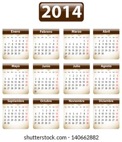 Brown calendar for 2014 year in Spanish with torn papers. Vector illustration