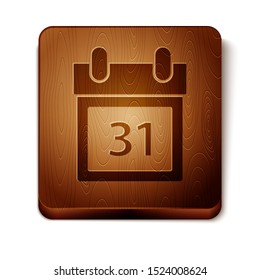 Brown Calendar with Halloween date 31 october icon isolated on white background. Happy Halloween party. Wooden square button. Vector Illustration