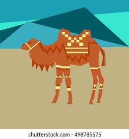 Brown Camel decorated with tribal patterns on the beautiful background of the turquoise moutains. Vector.
