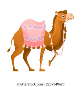 Brown Camel as Even-toed Ungulate Desert Animal with Saddle Walking Vector Illustration