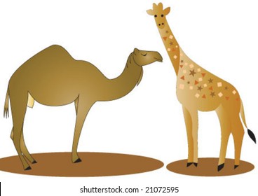 The brown camel and light brown giraffe