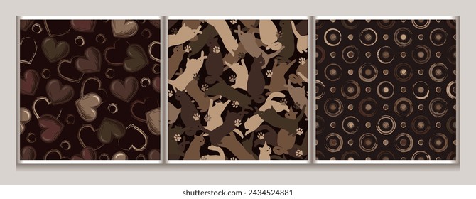 Braune Camo-Muster mit Silhouetten von Katzen, Herzen, Grunge Polka Punkt Ornament. Dichte Zusammensetzung mit überlappenden Elementen. Für Bekleidung, Stoff, Textil, Sportartikel Design