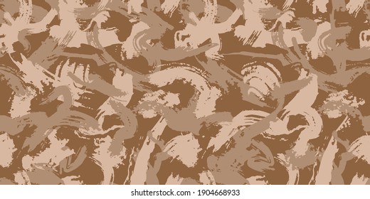 Brown camouflage with dry brush strokes, seamless grunge pattern. Modern military camo texture, fashionable fabric. Desert masking color. Stock vector illustration.