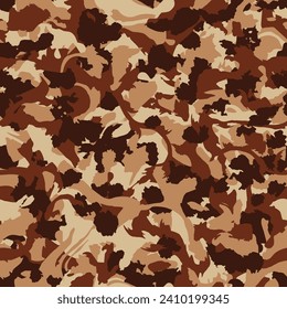 Camuflaje marrón con pinceladas secas, patrón de grunge sin costura. Textura de camo militar moderna, tela de moda. Color de máscara del desierto. Ilustración vectorial de material.