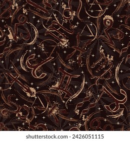 Brown camouflage grunge pattern with icons of horoscope, zodiac signs, stars, smudge, splattered paint. Esoteric mystic concept. For prints, clothing, t shirt, surface design