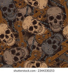 Patrón de camuflaje marrón con calaveras humanas, mecanismo oxidado con engranajes, cadena de bicicletas. Ilustración gótica de miedo oscuro al estilo steampunk. Para prendas de vestir, tela, textiles, artículos deportivos.