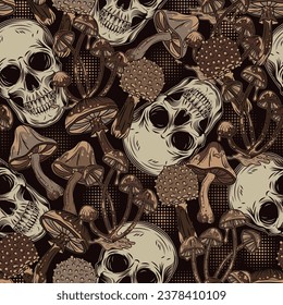 Brown camouflage pattern with human skulls and mushrooms. Random composition. Vintage style. For apparel, clothing, fabric, textile, sport goods.