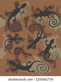 Brown camouflage pattern with lizard silhouettes.Seamless camo design with geckos.Repeating wallpaper.Vector illustration.