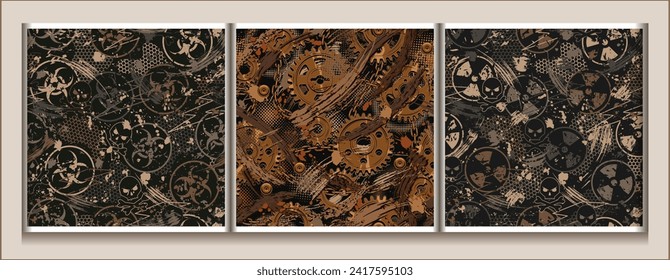 Brown camouflage patterns with rusty gears, biology hazard symbol, radiation sign, splattered paint. Steampunk grunge style.