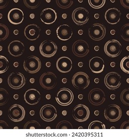 Brown camouflage polka dot seamless pattern with circular shapes. Smudged paint, grunge paint brush strokes. Fashionable geometric background for fabric, textile.