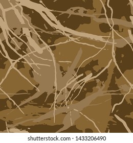 Brown camouflage seamless grunge pattern. Modern military camo texture, fashionable fabric. Desert masking color. Stock vector illustration.