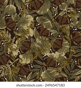 Camuflaje marrón sin patrón con exuberante follaje, hojas, mariposa. Naturaleza salvaje. Para ropa, tela, textil, diseño de artículos deportivos.