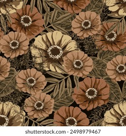 Brown camouflage seamless pattern with lush foliage, leaves, flowers. For apparel, fabric, textile, sport goods design.