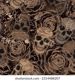 Brown camouflage seamless pattern with skulls, roses, splattered paint, halftone shapes. Dense chaotic composition For apparel, fabric, textile, sport goods Grunge texture