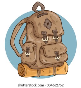 Brown Camping Backpack With Mat And Sketchy Or Doodle Style