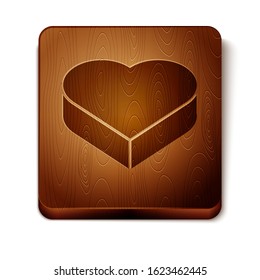 Brown Candy in heart shaped box and bow icon isolated on white background. Valentines Day. Wooden square button. Vector Illustration
