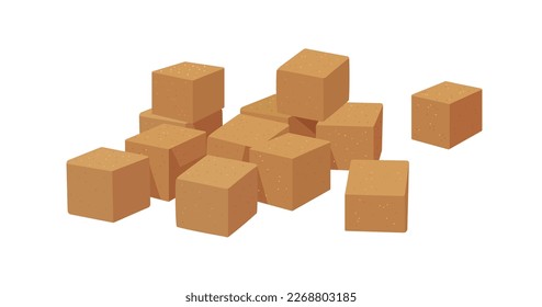 Brown cane refined sugar pieces, cube blocks. Stacked lumps, sweet ingredient pile, heap. Flat cartoon vector illustration isolated on white background