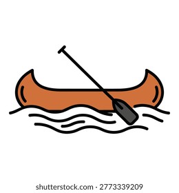 Brown canoe floating on water with black paddle inside recreational watercraft icon
