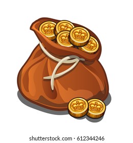 Brown canvas bag with gold coins isolated on white background. Vector cartoon close-up illustration.