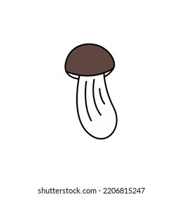 Brown cap boletus groovy mushroom doodle. Element autumn collection. Black outline isolated on a white background. Hand drawn line art, cute vector illustration.