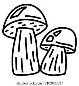 Brown cap boletus. Mycelium, two edible wild mushrooms. The place where mushrooms are collected. Vector icon, outline, isolated. Editable stroke