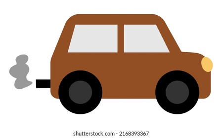 Brown Car Emitting Exhaust Gases. Traditional Transport Harm Concept. Automobile With Exhaust Pipe Illustration Isolated On White Background. Emission Reduce Icon
