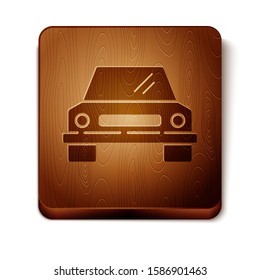 Brown Car icon isolated on white background. Front view. Wooden square button. Vector Illustration