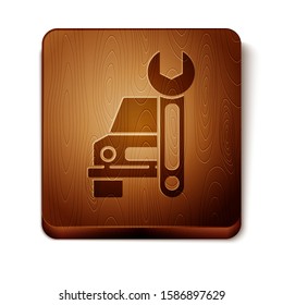 Brown Car service icon isolated on white background. Auto mechanic service. Repair service auto mechanic. Maintenance sign. Wooden square button. Vector Illustration