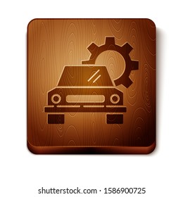 Brown Car service icon isolated on white background. Auto mechanic service. Repair service auto mechanic. Maintenance sign. Wooden square button. Vector Illustration