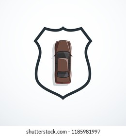 Brown car and shield. Car security / insurance concept. Vector illustration