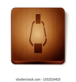 Brown Carabiner icon isolated on white background. Extreme sport. Sport equipment. Wooden square button. Vector Illustration