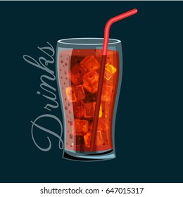 Brown carbonated soft drink in a glass, Does not contain alcohol, Cold with ice and a straw in a bowl Vector illustration for a concept of fast food.