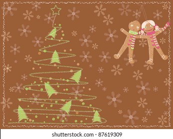 brown card with a chalk scribbled christmas tree and gingerbread people