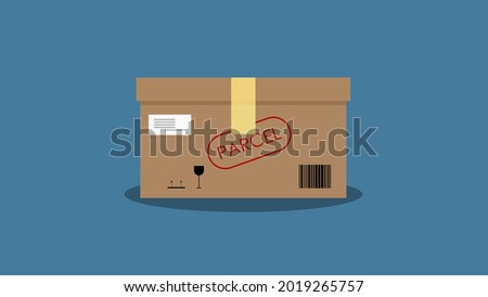 Brown cardboard box. Delivery parcel box with package handling symbol. Warehouse, delivery, shipping, parcel concepts. Blue background.