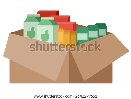 Brown cardboard box filled with various food products and essentials. Flat illustration representing charity, donation, and humanitarian aid.