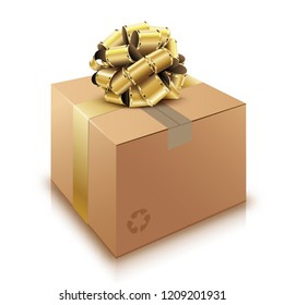 Brown cardboard Box with golden bow isolated on white background, for Birthday, Valentine day, Christmas. Gift in Postal parcel. Vector illustration.