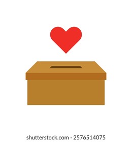 Brown cardboard box with hole and red heart. Donation box. Vector illustration.