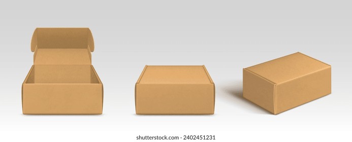 Brown cardboard box mockups set isolated on white background. Vector realistic illustration of open and closed 3d carton product packages, mail delivery, parcel shipment, present with blank surface