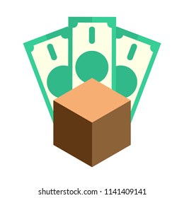 Brown cardboard box with money vector illustration
